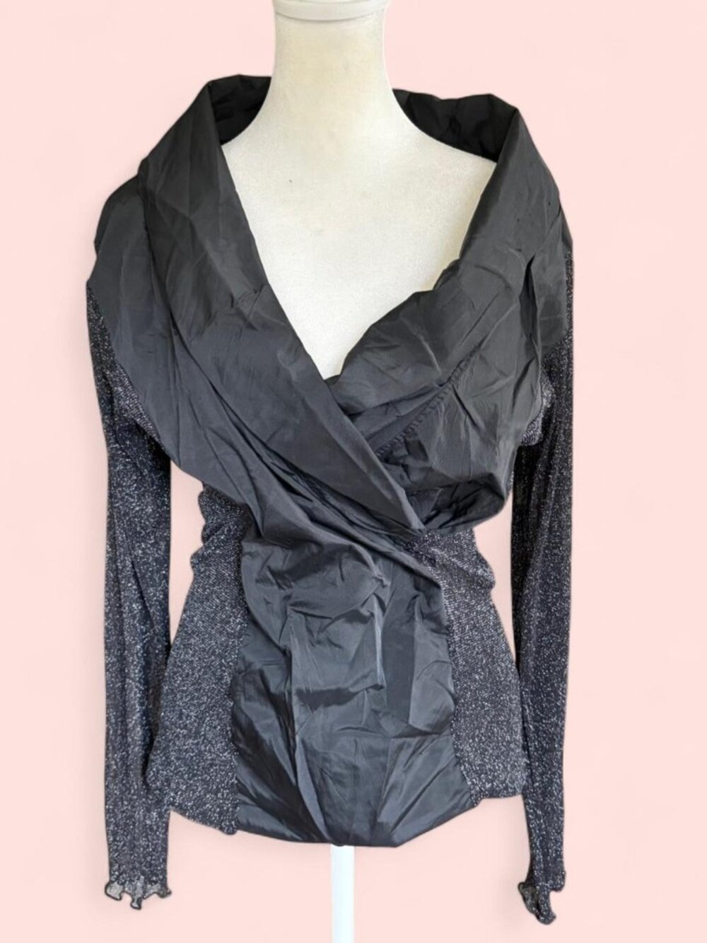 Italian Euro Shimmery Mesh Long Sleeve Avant- Garde style top with a mesh bodice